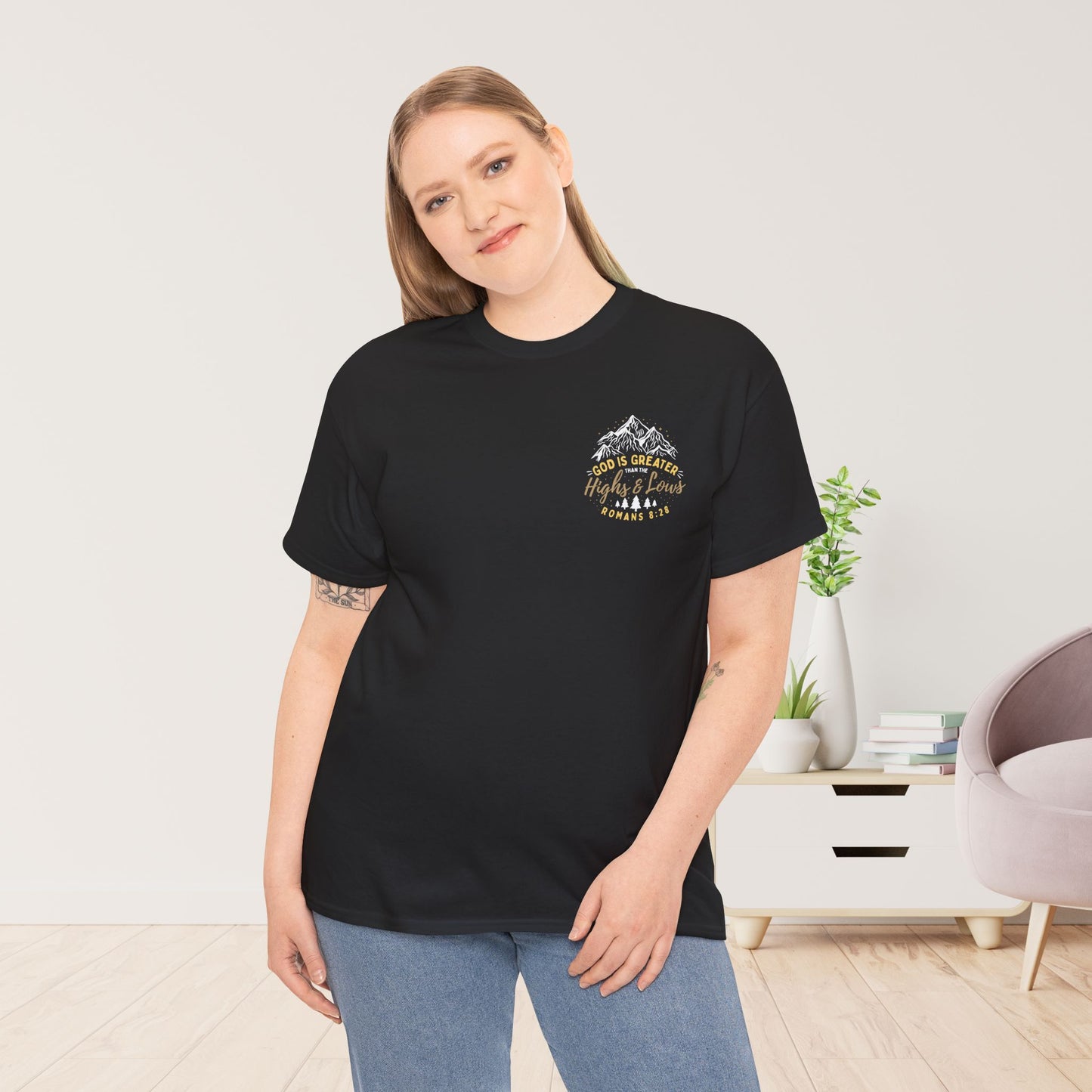 God is Greater Heavy Cotton Tee - Romans 8:28