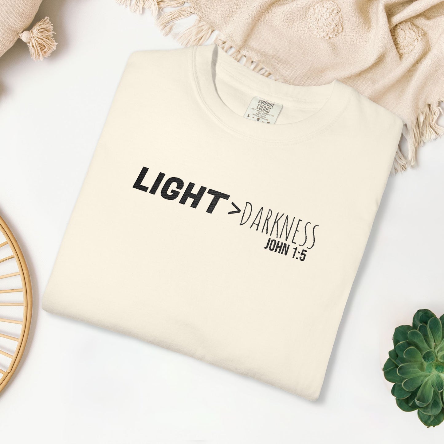 Embroidered Light > Darkness - John 1:5 Comfort Colors Shirt