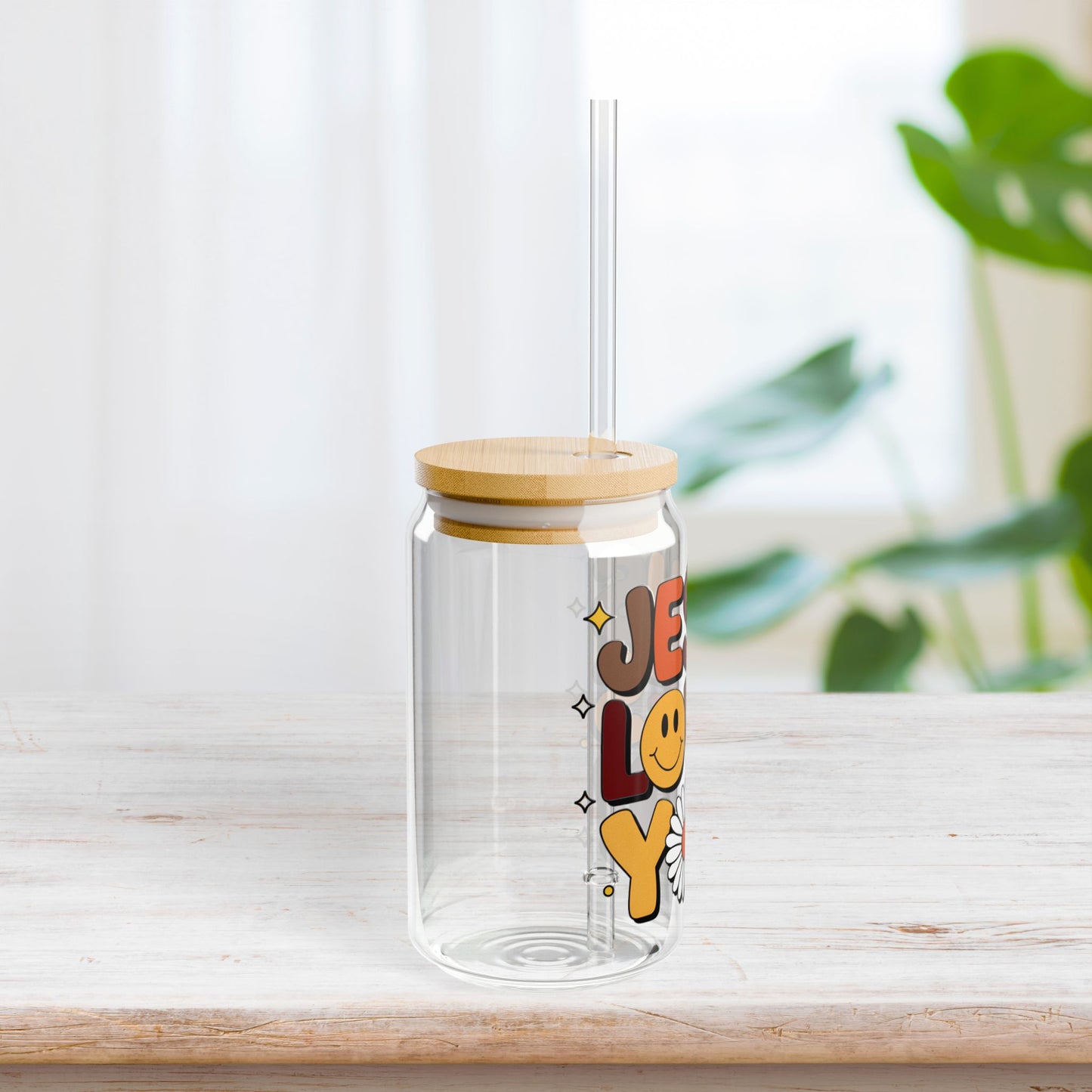 Jesus Loves You Sipper Glass with Bamboo Lid & Straw - 16 oz