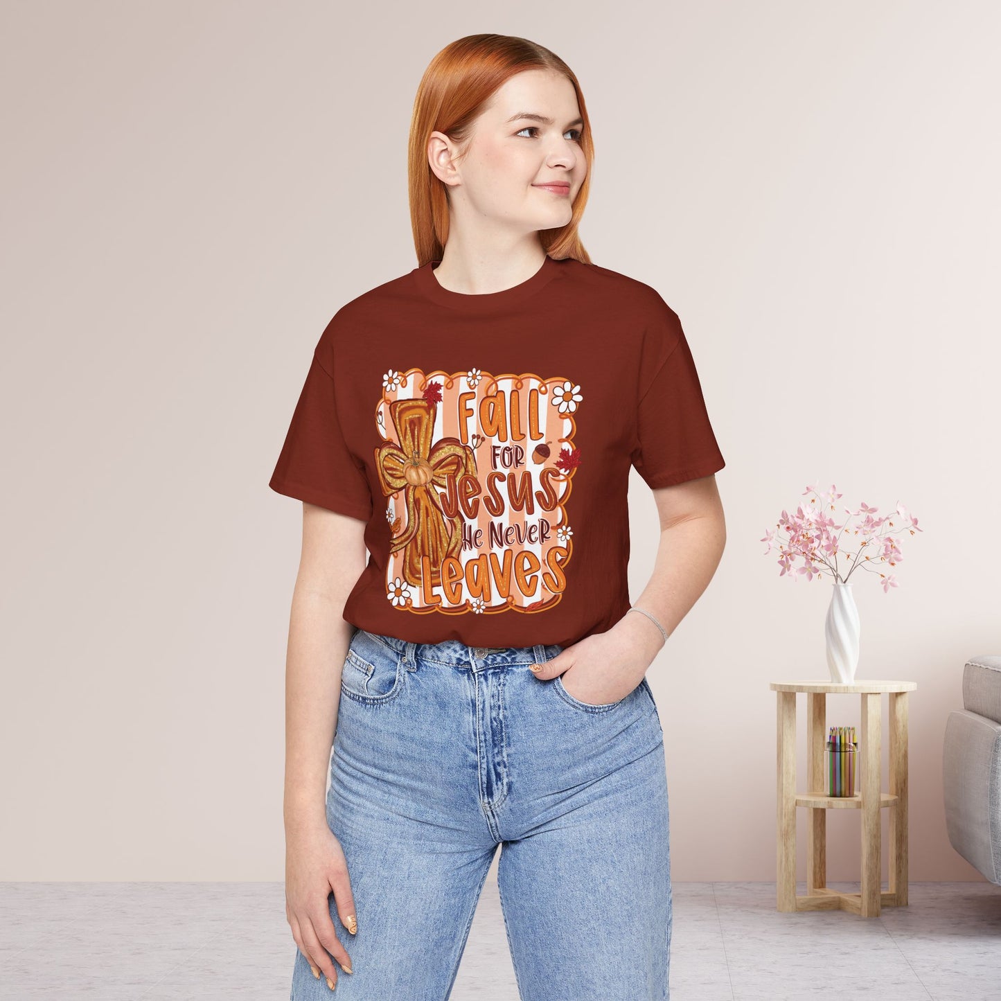 Fall for Jesus He Never Leaves Soft Cotton Tee - Fall Christian Tee