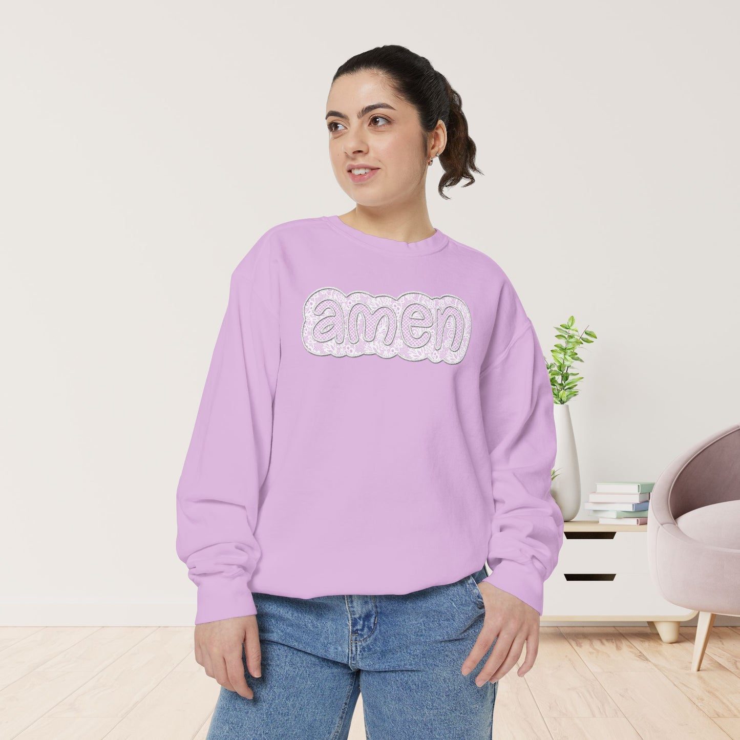 Amen Comfort Colors Sweatshirt - Printed Lace Design