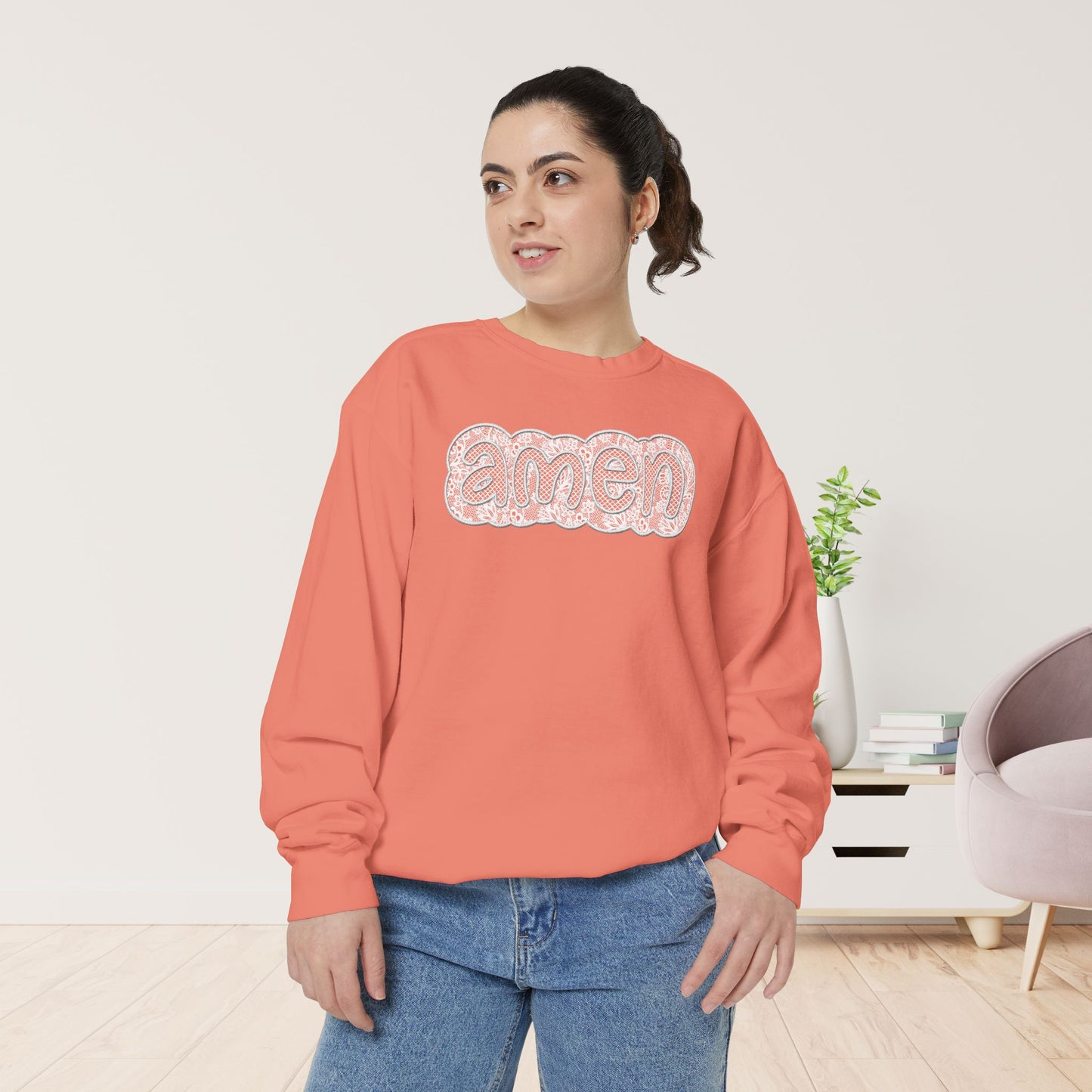 Amen Comfort Colors Sweatshirt - Printed Lace Design