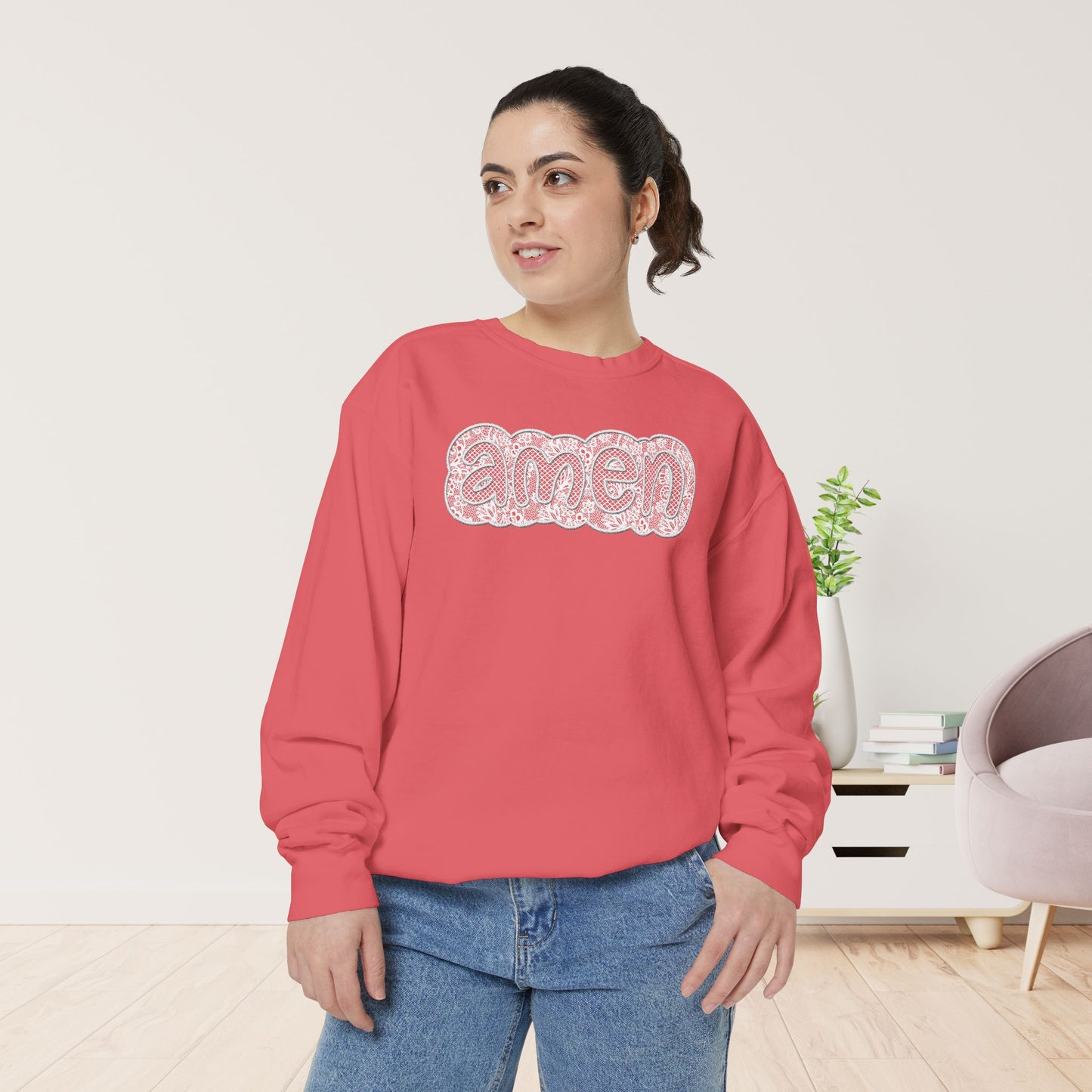 Amen Comfort Colors Sweatshirt - Printed Lace Design