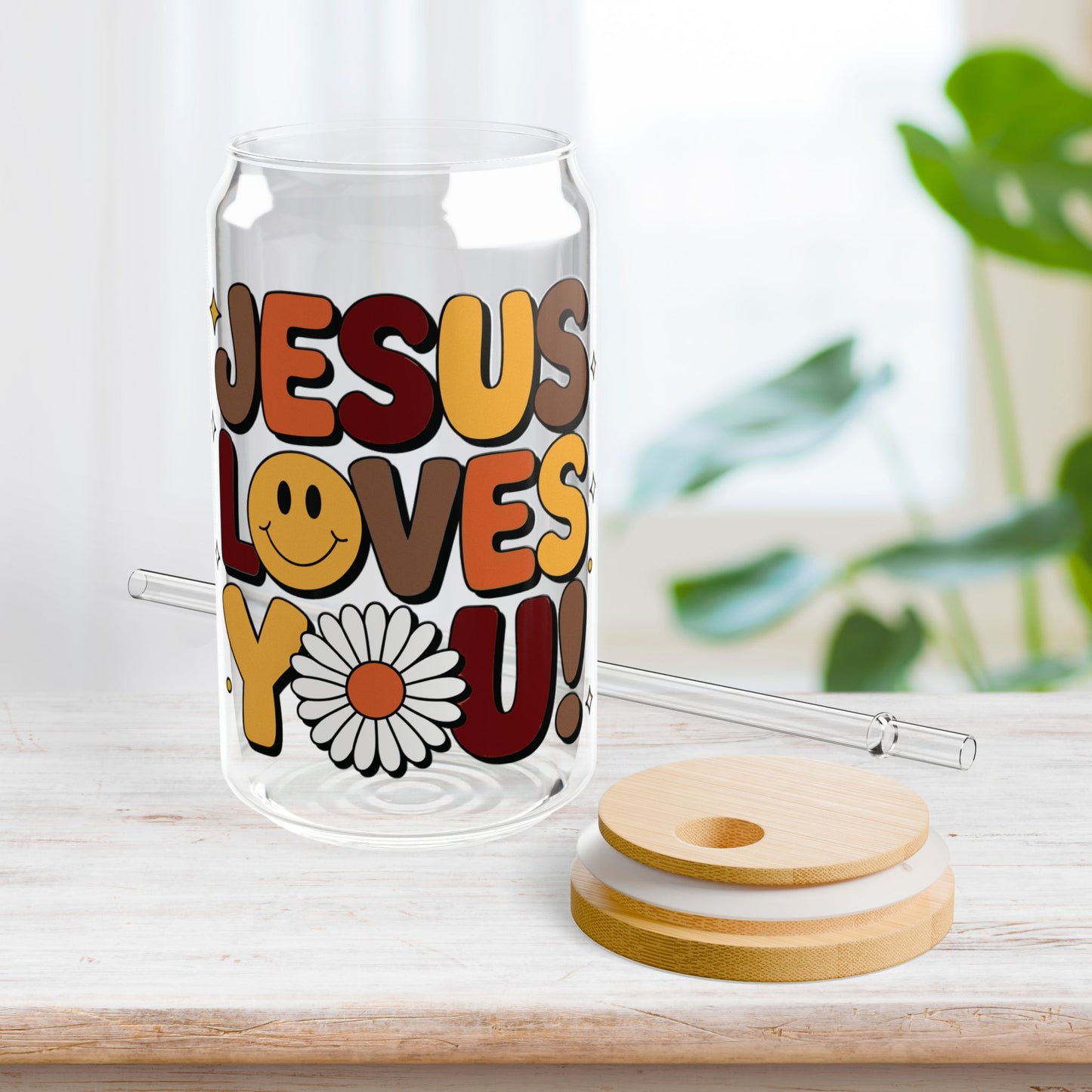 Jesus Loves You Sipper Glass with Bamboo Lid & Straw - 16 oz