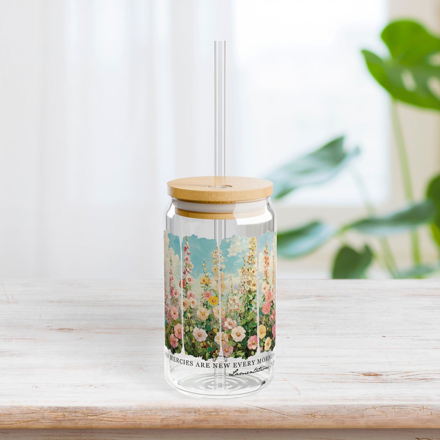 His Mercies Are New Every Morning Sipper Glass with Bamboo Lid & Straw - 16 oz