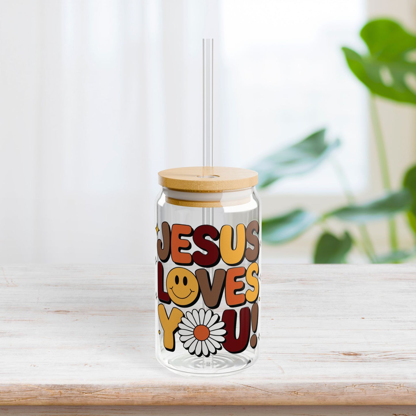 Jesus Loves You Sipper Glass with Bamboo Lid & Straw - 16 oz