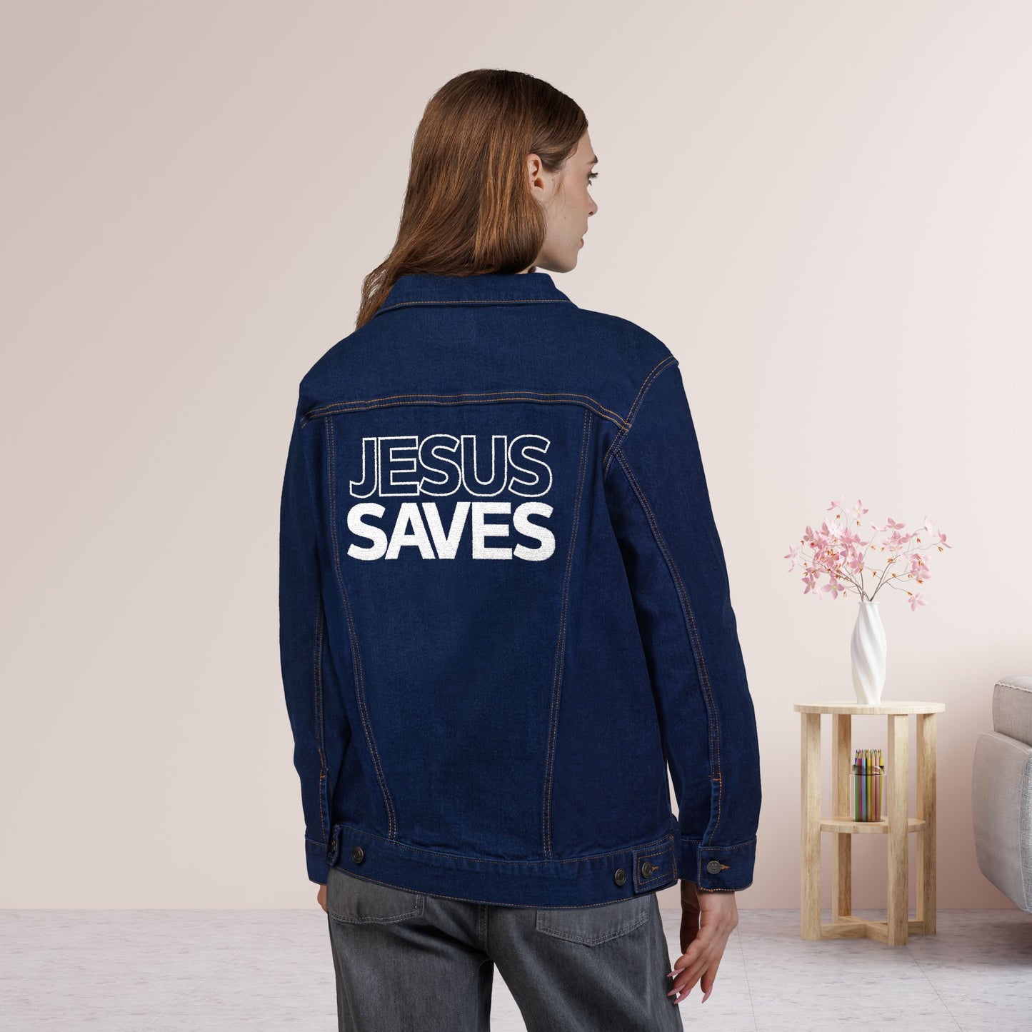 Embroidered Jesus Saves Unisex Denim Jacket
