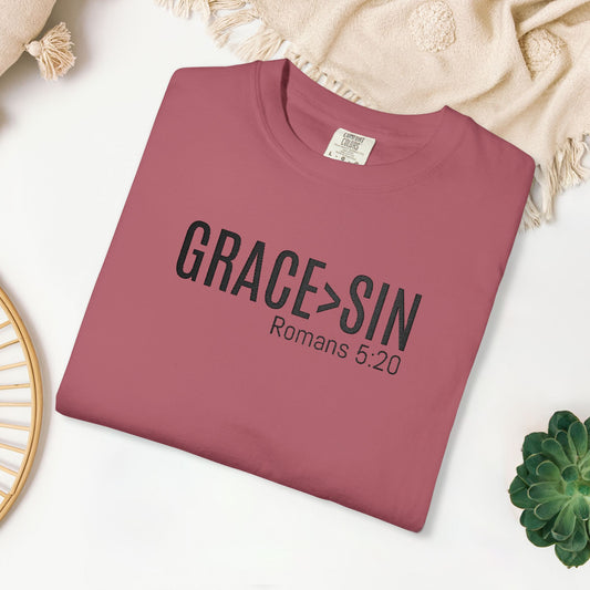 Embroidered Grace > Sin - Romans 5:20 Comfort Colors Shirt