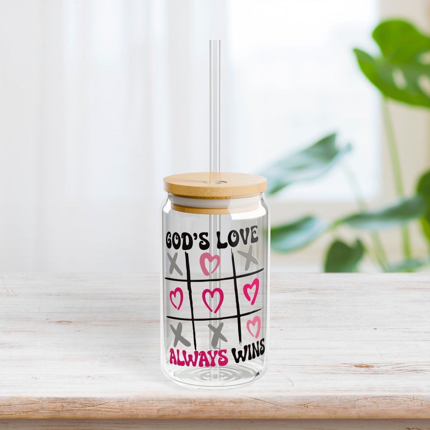 God's Love Always Wins Sipper Glass with Bamboo Lid & Straw - 16 oz
