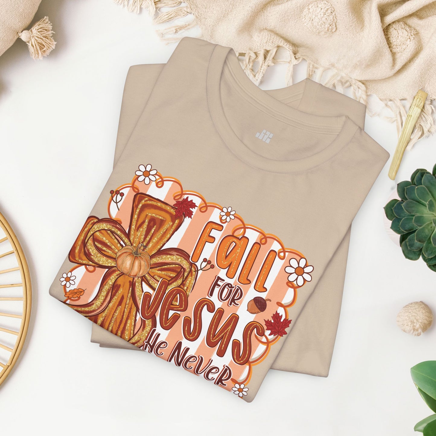 Fall for Jesus He Never Leaves Soft Cotton Tee - Fall Christian Tee