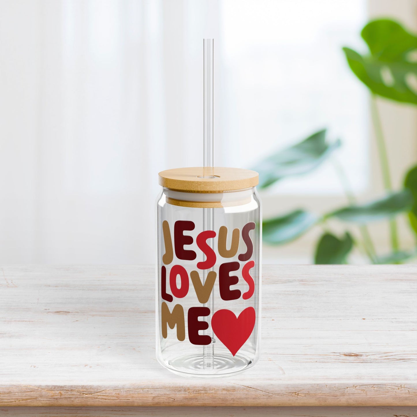Jesus Loves Me Sipper Glass with Bamboo Lid & Straw - 16 oz