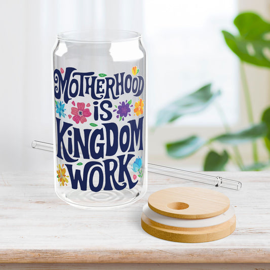 Motherhood is Kingdom Work Sipper Glass with Bamboo Lid & Straw - 16 oz