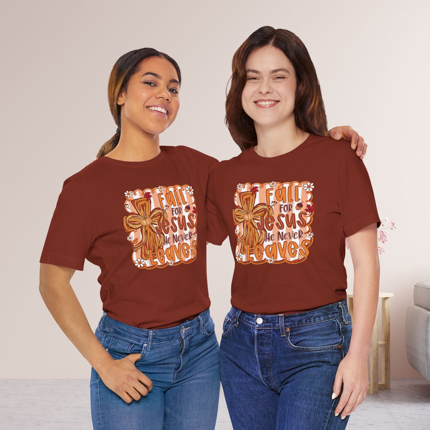 Fall for Jesus He Never Leaves Soft Cotton Tee - Fall Christian Tee