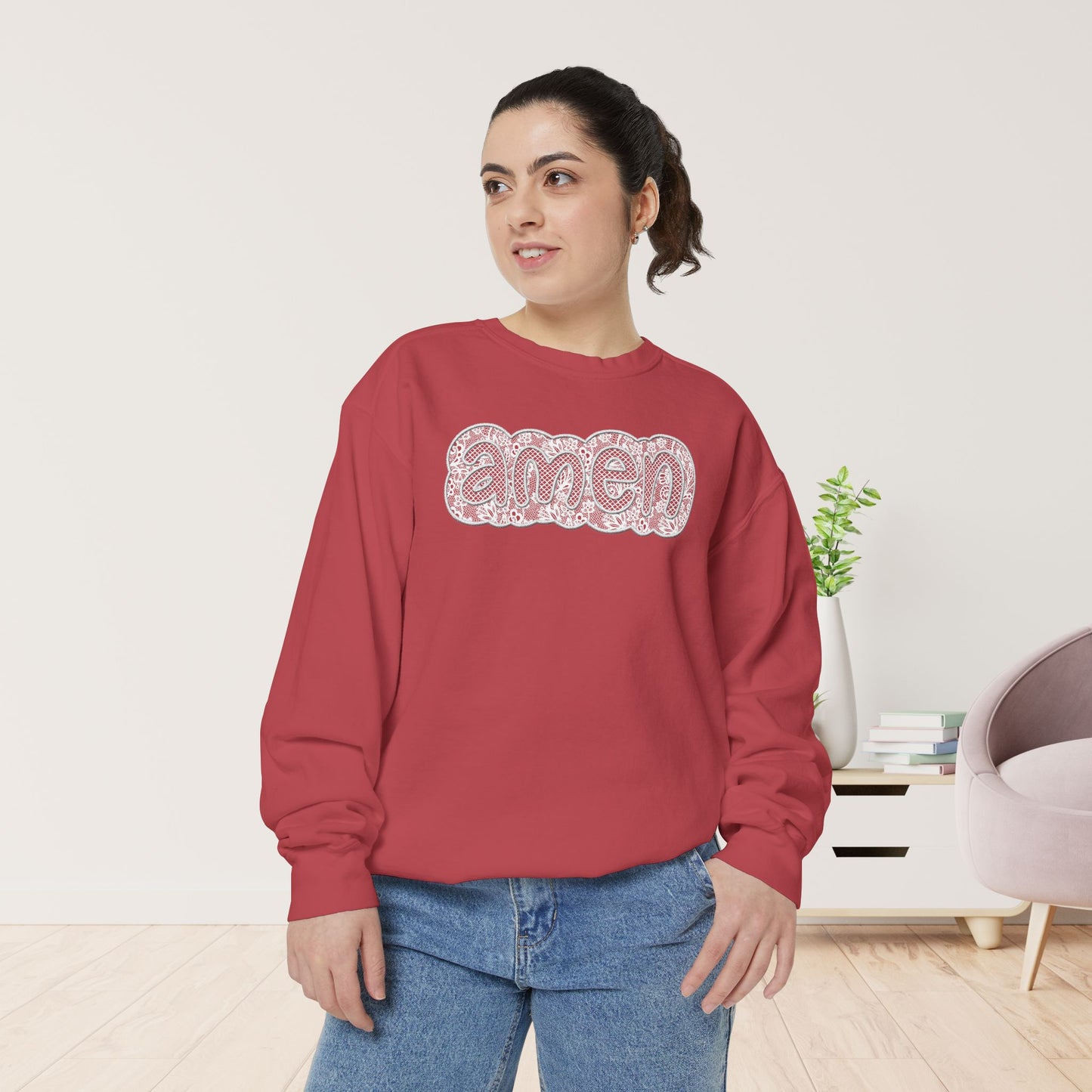 Amen Comfort Colors Sweatshirt - Printed Lace Design