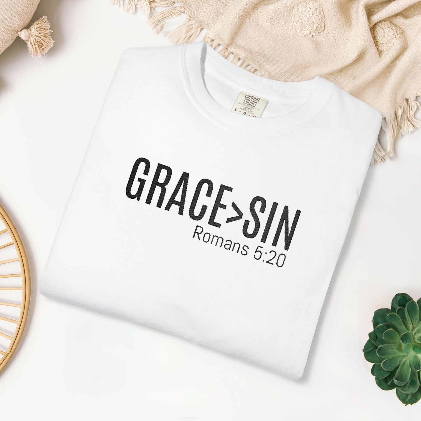 Embroidered Grace > Sin - Romans 5:20 Comfort Colors Shirt
