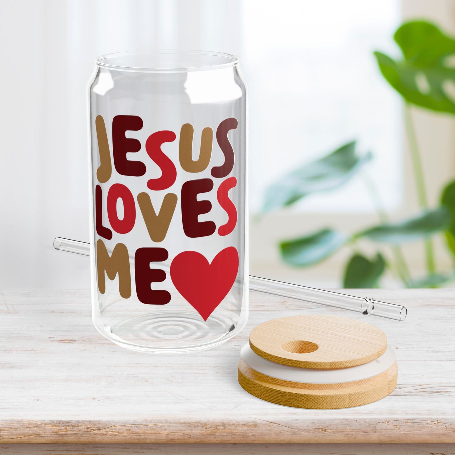 Jesus Loves Me Sipper Glass with Bamboo Lid & Straw - 16 oz