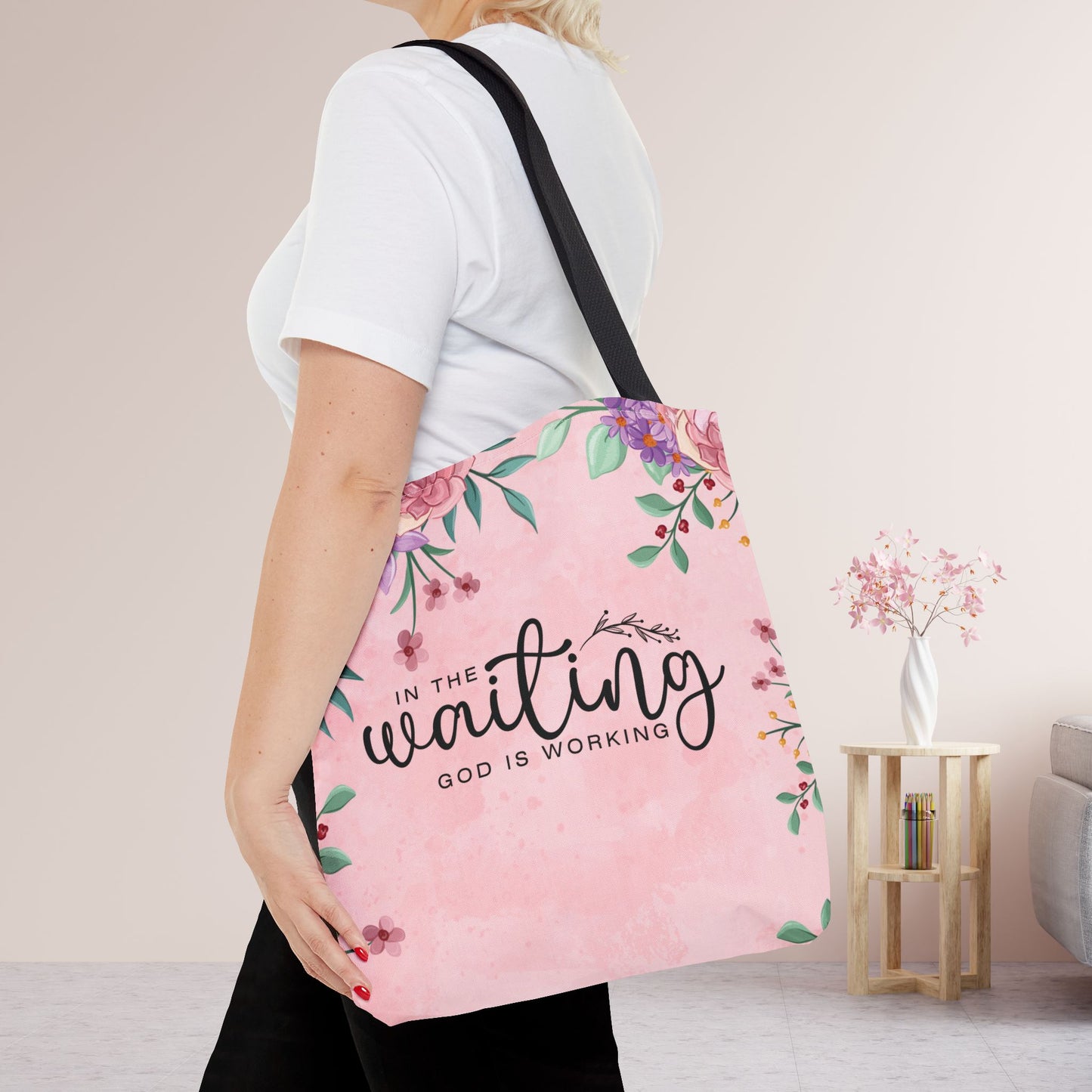 In The Waiting God is Working Tote Bag - Christian Tote Bag