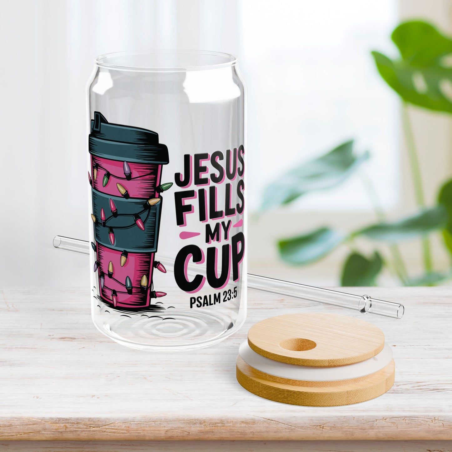 Jesus Fills My Cup Sipper Glass with Bamboo Lid & Straw - 16 oz