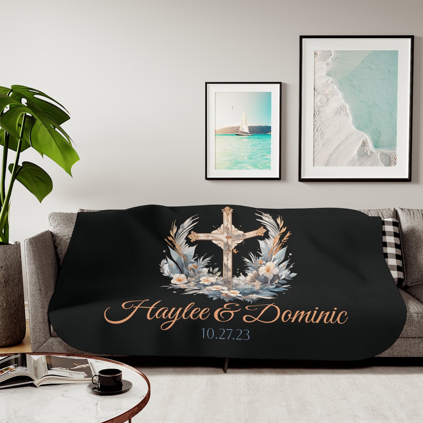 Personalized Christian Wedding Sherpa Blanket – Custom Couple’s Names, Wedding Date & Cross Design