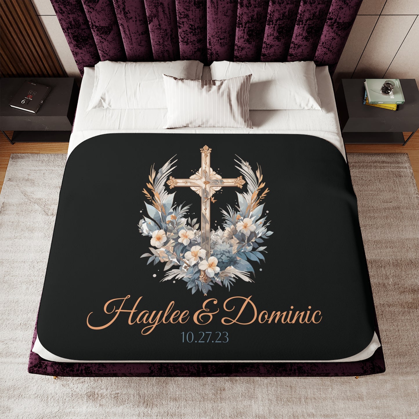 Personalized Christian Wedding Sherpa Blanket – Custom Couple’s Names, Wedding Date & Cross Design