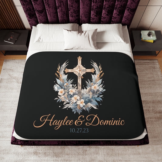 Personalized Christian Wedding Sherpa Blanket – Custom Couple’s Names, Wedding Date & Cross Design