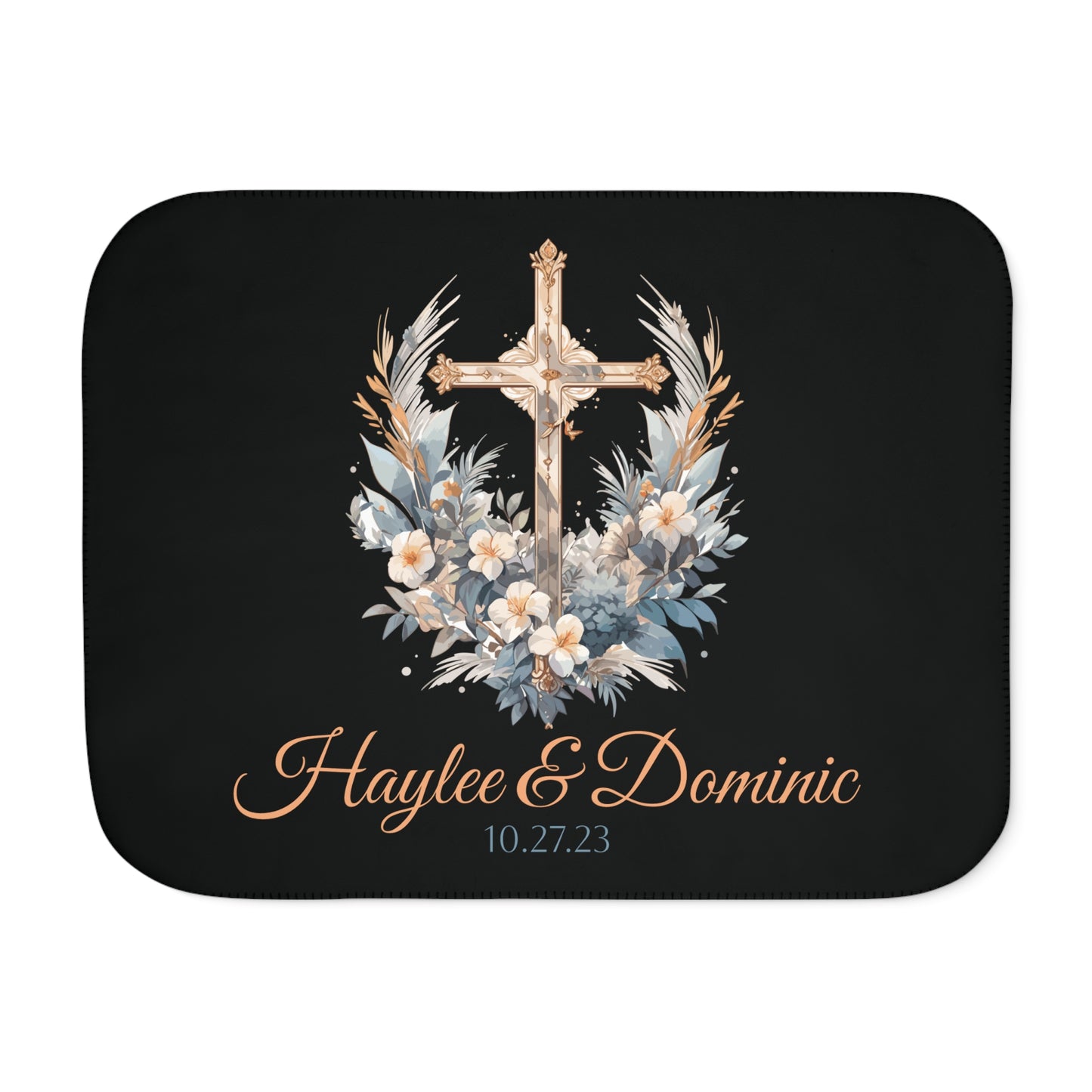 Personalized Christian Wedding Sherpa Blanket – Custom Couple’s Names, Wedding Date & Cross Design