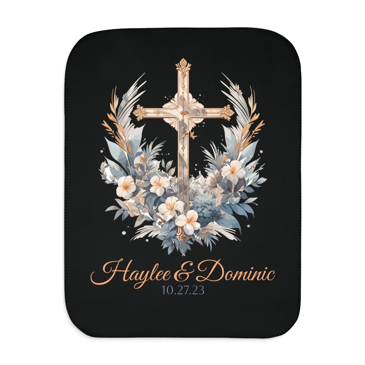 Personalized Christian Wedding Sherpa Blanket – Custom Couple’s Names, Wedding Date & Cross Design