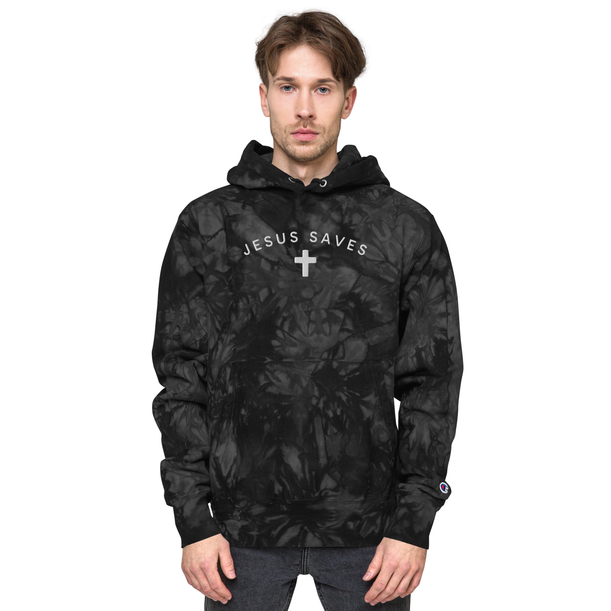 Embroidered Jesus Saves Hoodie - Unisex Champion Tie-Dye Hoodie