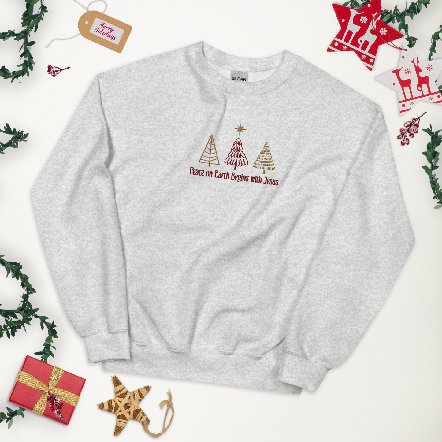 Embroidered Peace On Earth Begins With Jesus Sweatshirt