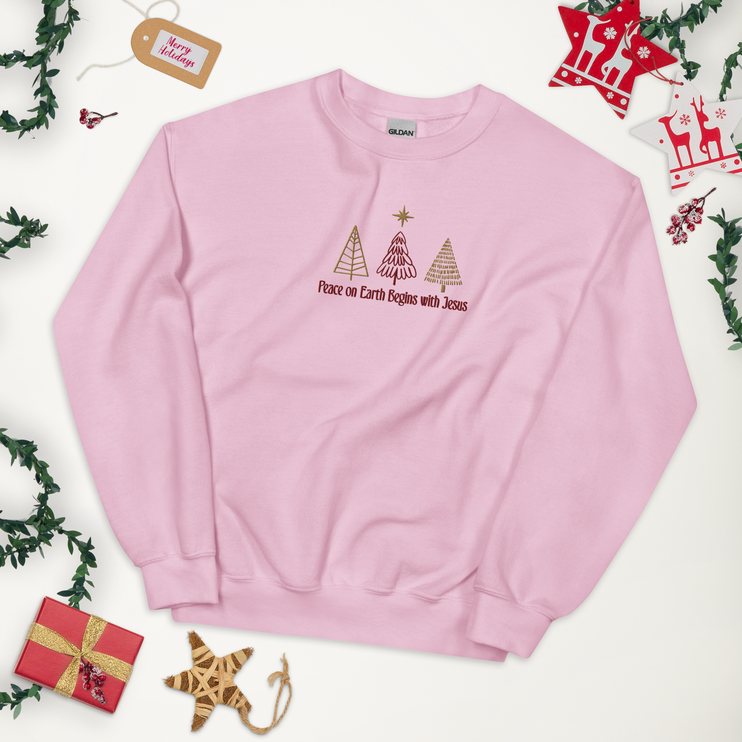 Embroidered Peace On Earth Begins With Jesus Sweatshirt