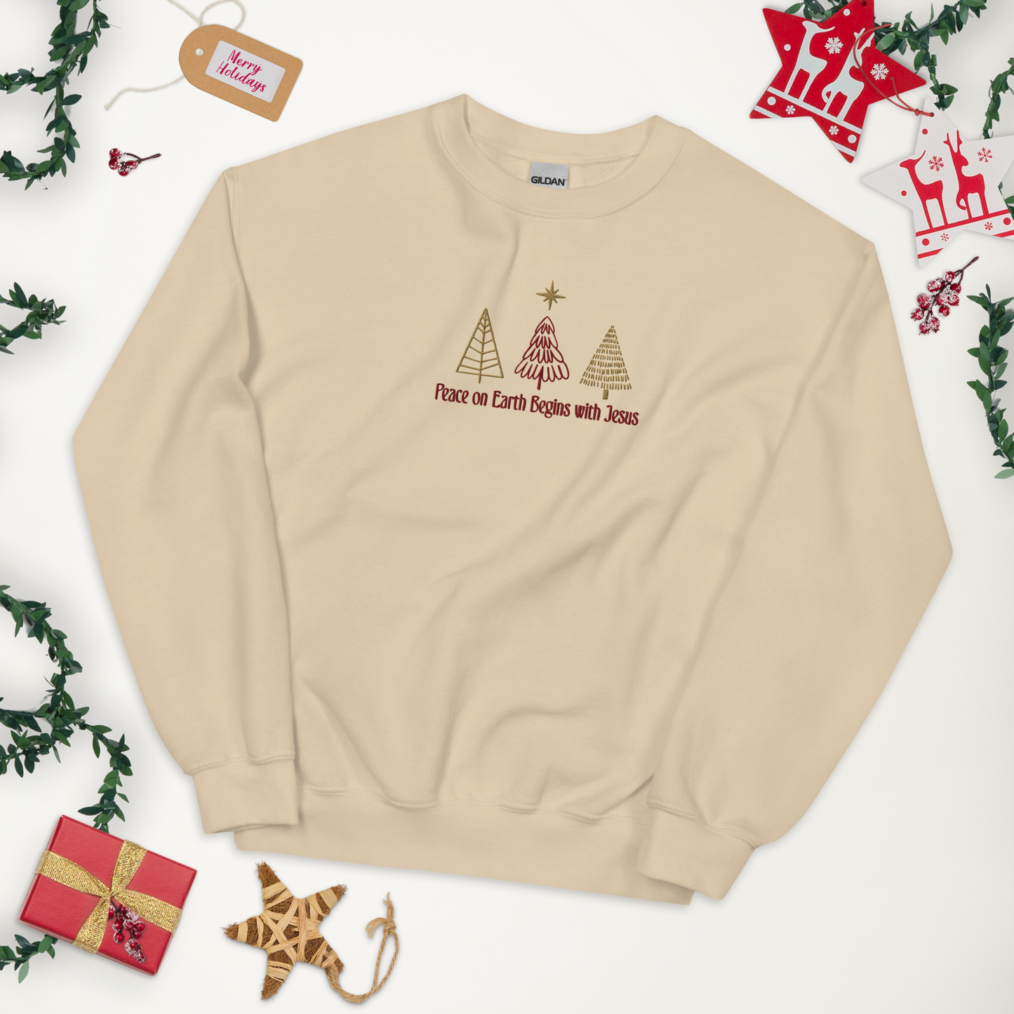 Embroidered Peace On Earth Begins With Jesus Sweatshirt