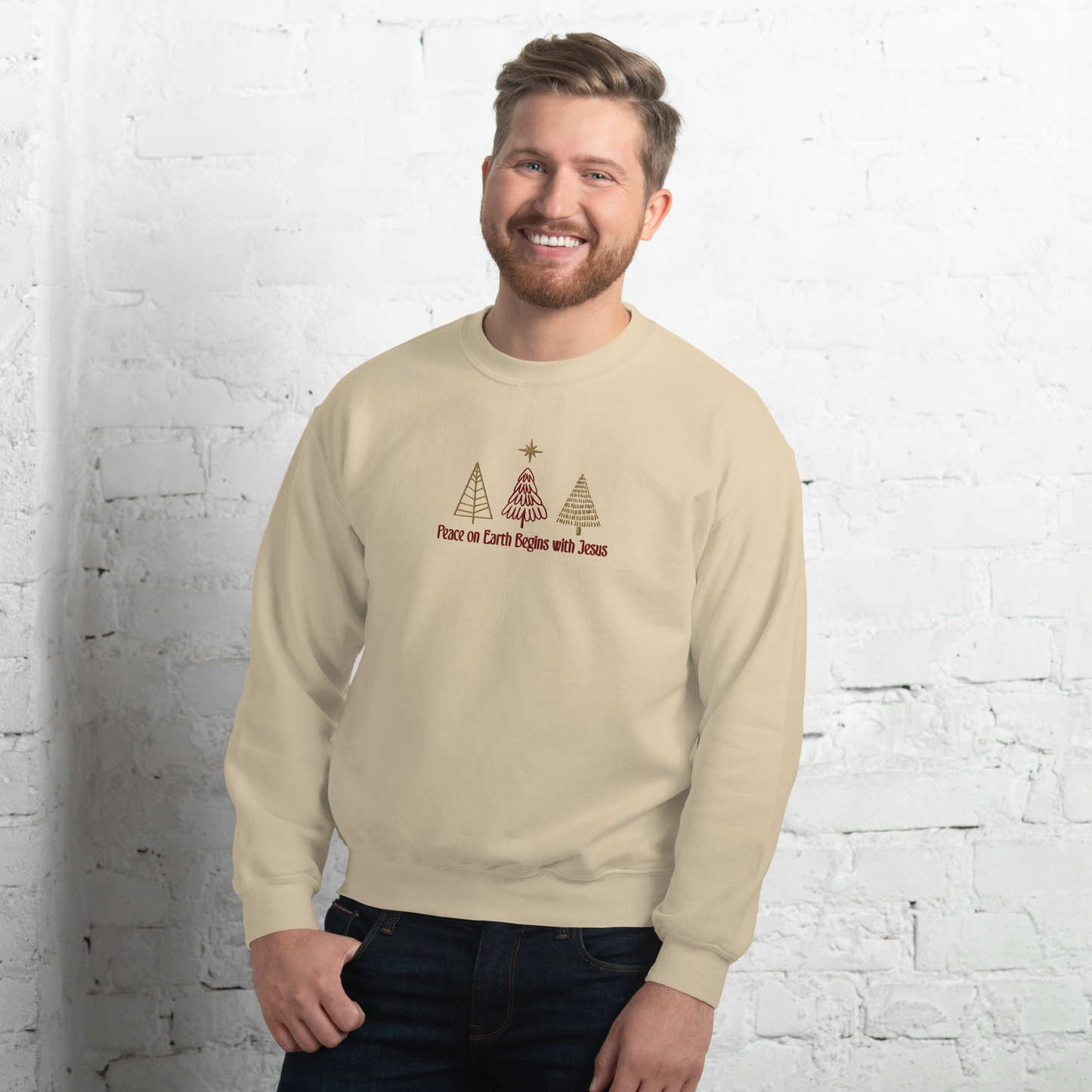 Embroidered Peace On Earth Begins With Jesus Sweatshirt