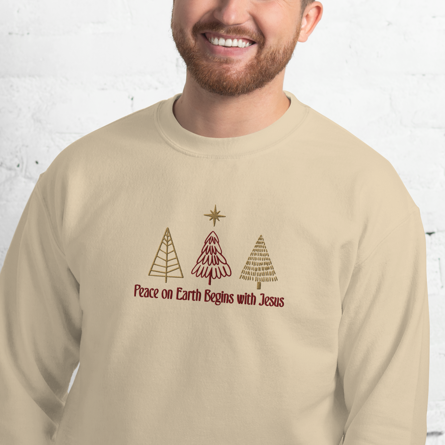 Embroidered Peace On Earth Begins With Jesus Sweatshirt