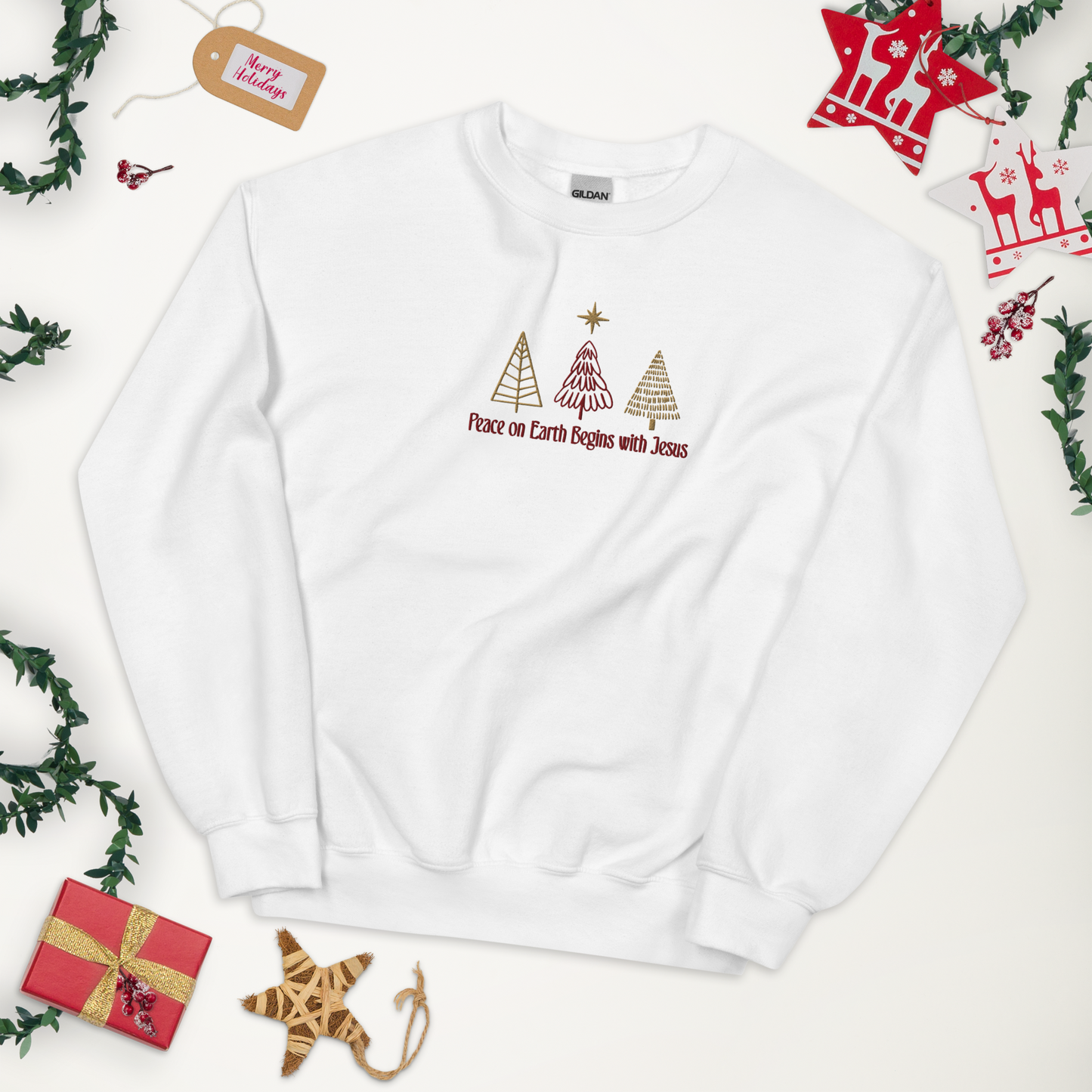 Embroidered Peace On Earth Begins With Jesus Sweatshirt